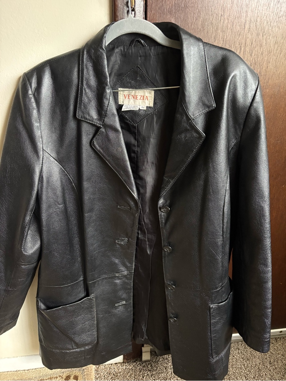 Venezia Black Leather Button-Front Blazer